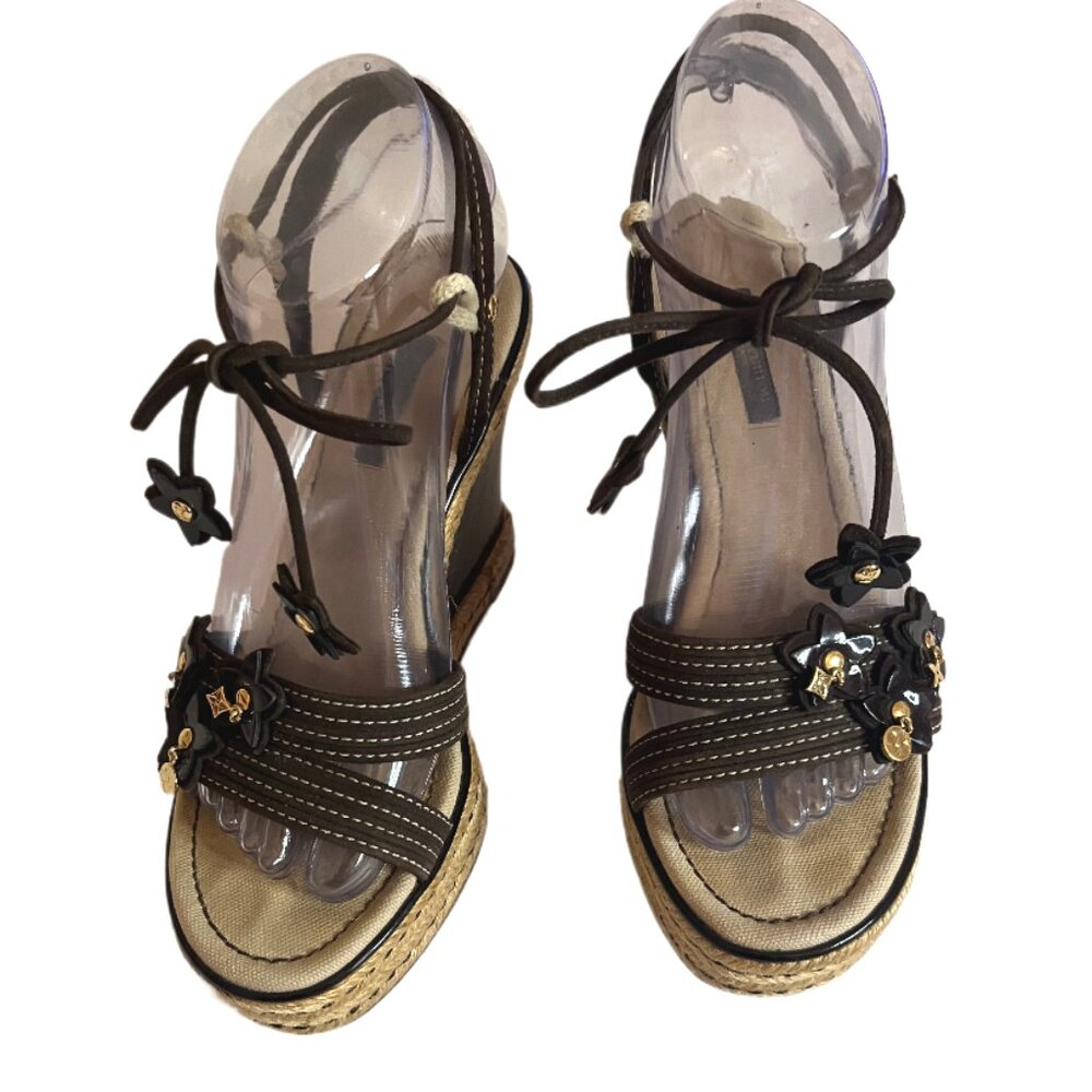 Louis Vuitton Brown Suede/Patent Leather Logo Charms Wedge Sandals Sz 36.5 -6.5